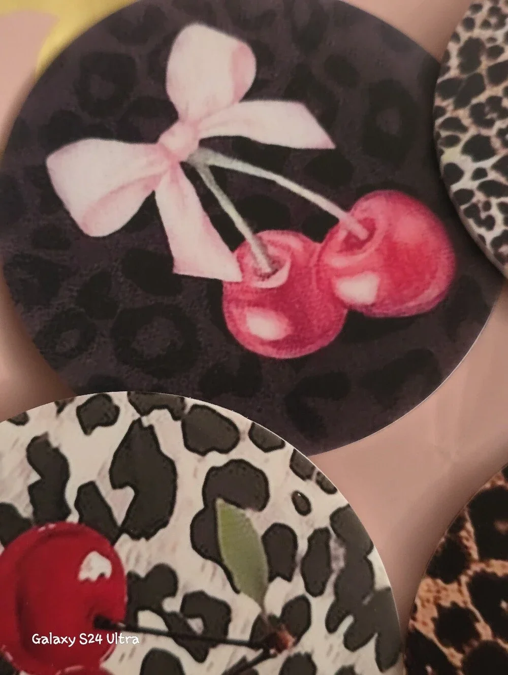Cherry Leopard Animal Print Decor 6pc Coaster Set NEW